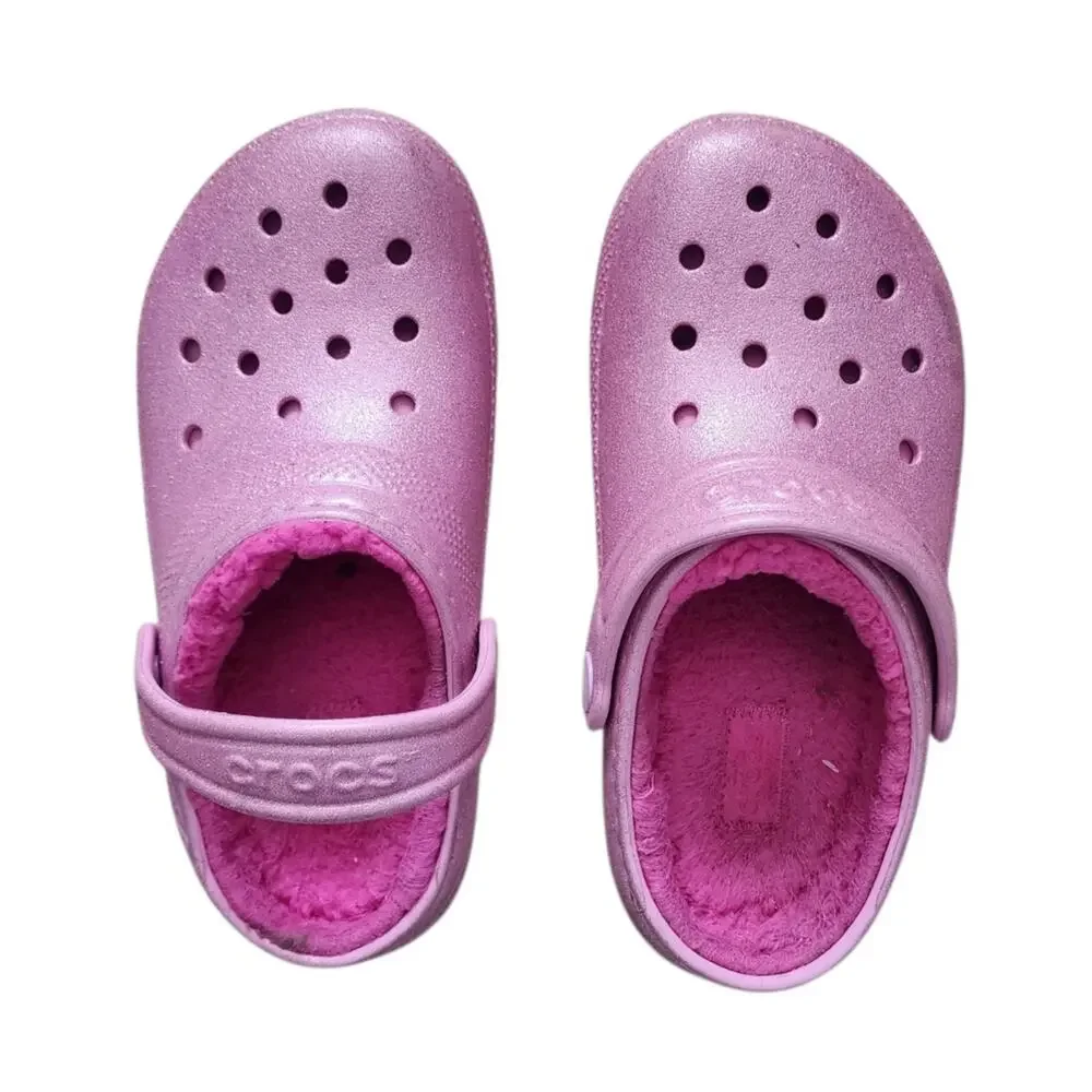 Crocs Classic Lined Glitter Clog Size J 1 Pink Tweed.